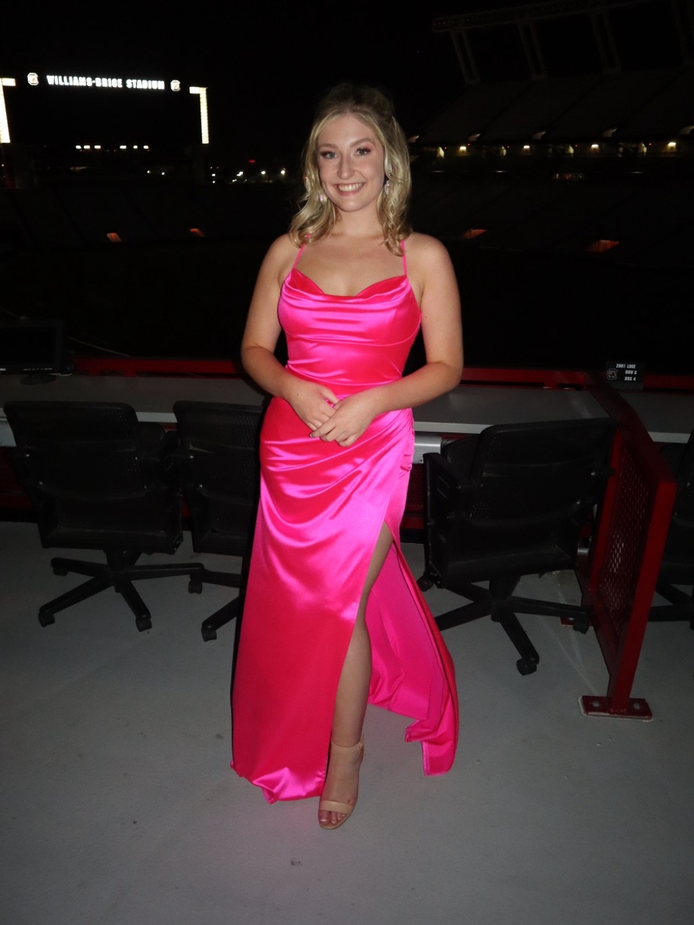 Windsor Hot Pink Satin Cowl Neck Spaghetti Strap Prom Dress
